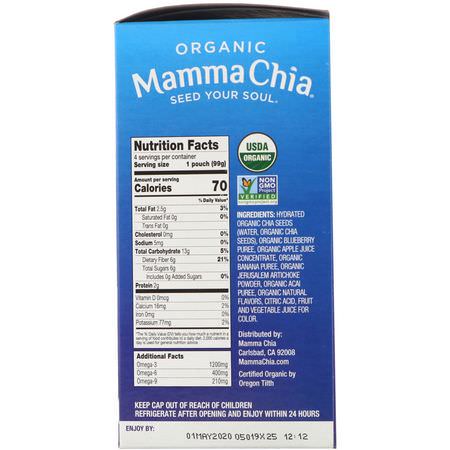 Pressa Påsar, Mellanmål: Mamma Chia, Organic Chia Prebiotic Squeeze, Blueberry Acai, 4 Pouches, 3.5 oz (99 g) Each