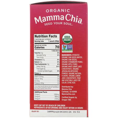Pressa Påsar, Mellanmål: Mamma Chia, Organic Chia Prebiotic Squeeze, Strawberry Lemonade, 4 Pouches, 3.5 oz (99 g) Each