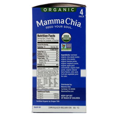 Pressa Påsar, Mellanmål: Mamma Chia, Organic Chia Squeeze, Vitality Snack, Wild Raspberry, 4 Squeezes, 3.5 oz (99 g) Each