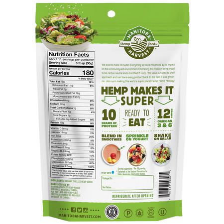 Hampfrön, Nötter: Manitoba Harvest, Hemp Hearts, Organic Shelled Hemp Seeds, Delicious Nutty Flavor, 12 oz (340 g)