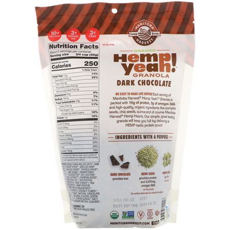 Granola, Frukostmat, Spannmål: Manitoba Harvest, Hemp Yeah! Organic Granola, Dark Chocolate, 10 oz (283 g)