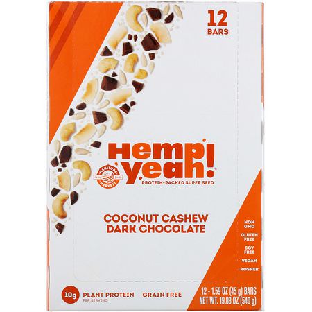Näringsstänger, Växtbaserade Proteinstänger, Proteinbbar, Brownies: Manitoba Harvest, Hemp Yeah! Protein-Packed Super Seed Bar, Coconut Cashew Dark Chocolate, 12 Bars, 1.59 oz (45 g) Each