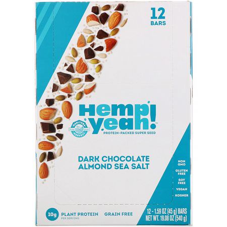 Näringsstänger, Växtbaserade Proteinstänger, Proteinstänger, Brownies: Manitoba Harvest, Hemp Yeah! Protein-Packed Super Seed Bar, Dark Chocolate Almond Sea Salt, 12 Bars, 1.59 oz (45 g) Each
