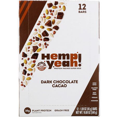Näringsstänger, Växtbaserade Proteinbarer, Proteinstänger, Brownies: Manitoba Harvest, Hemp Yeah! Protein-Packed Super Seed Bar, Dark Chocolate Cacao, 12 Bars, 1.59 oz (45 g) Each