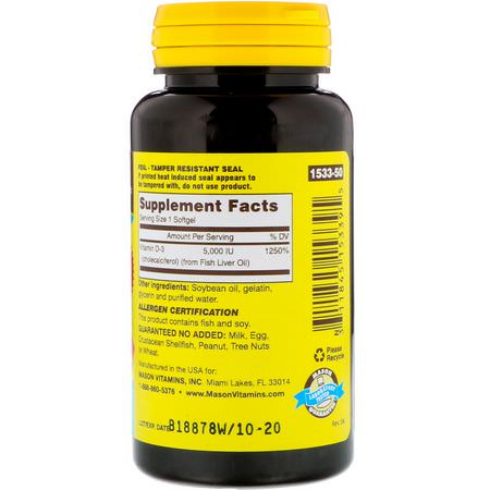D3 Cholecalciferol, D-Vitamin, Vitaminer, Kosttillskott: Mason Natural, D5000 IU, 50 Softgels