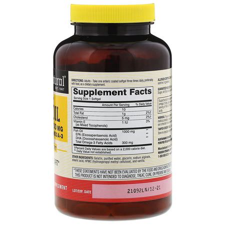 Omega-3 Fiskolja, Omegas Epa Dha, Fiskolja, Kosttillskott: Mason Natural, Fish Oil, 1000 mg, 180 Softgels