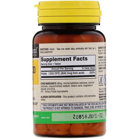 Folsyra, Vitamin B, Vitaminer, Kosttillskott: Mason Natural, Folic Acid, 800 mcg, 100 Tablets