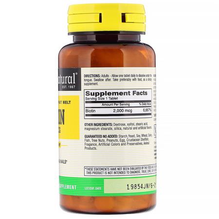Biotin, Naglar, Hud, Hår: Mason Natural, Quick Dissolve, Fast Melt Biotin, 2,000 mcg, 90 Tablets