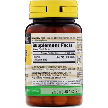 Vitamin B, Vitaminer, Kosttillskott: Mason Natural, Vitamin B-1, 250 mg, 100 Tablets