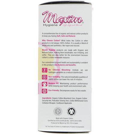 Tamponger, Feminin Hygien, Bad: Maxim Hygiene Products, Organic Cotton Cardboard Applicator Tampons, Regular, 16 Tampons