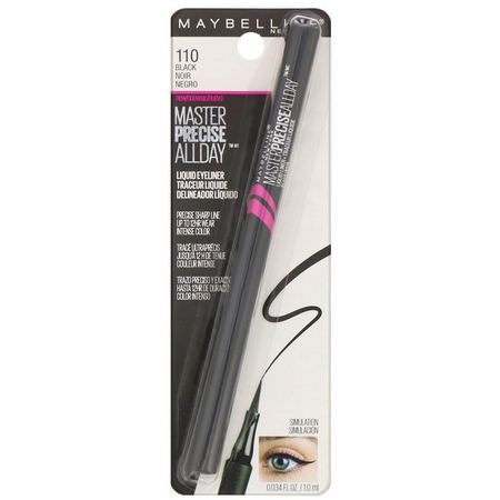 Eyeliner, Eyes, Makeup: Maybelline, Eye Studio, Master Precise, All Day Liquid Eyeliner, 110 Black, 0.034 fl oz (1 ml)