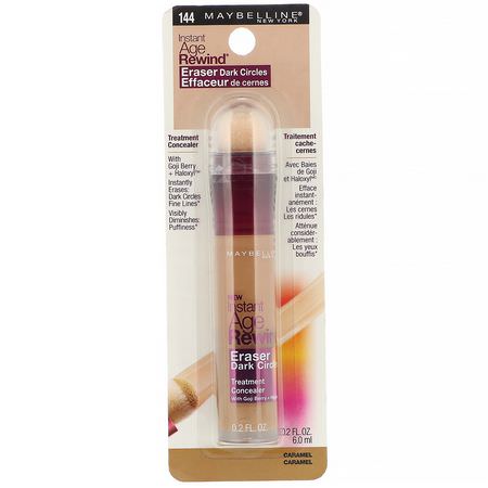 Concealer, Face, Makeup: Maybelline, Instant Age Rewind, Eraser Dark Circles Treatment Concealer, 144 Caramel, 0.2 fl oz (6 ml)