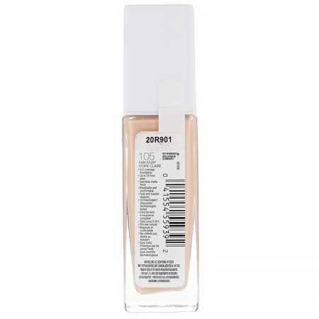 Foundation, Face, Makeup: Maybelline, Super Stay, Full Coverage Foundation, 105 Fair Ivory, 1 fl oz (30 ml)