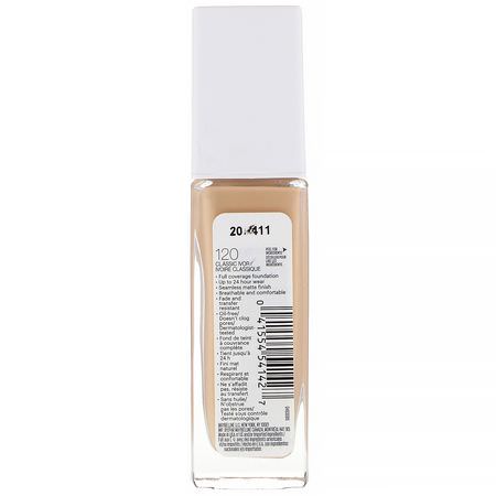 Foundation, Face, Makeup: Maybelline, Super Stay, Full Coverage Foundation, 120 Classic Ivory, 1 fl oz (30 ml)