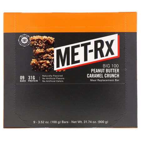 Målstänger, Sportstänger, Brownies, Kakor: MET-Rx, Big 100, Meal Replacement Bar, Peanut Butter Caramel Crunch, 9 Bars, 3.52 oz (100 g) Each