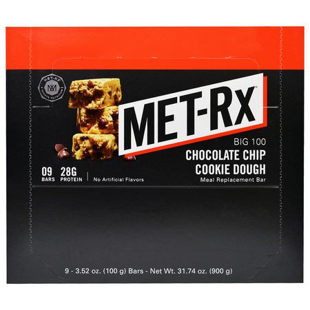 Målstänger, Sportstänger, Brownies, Kakor: MET-Rx, Big 100, Meal Replacement Bar, Chocolate Chip Cookie Dough, 9 Bars, 3.52 oz (100 g) Each