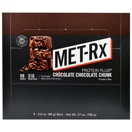 Mjölkproteinbarer, Vassleproteinbarer, Proteinbarer, Brownies: MET-Rx, Protein Plus Bar, Chocolate Chocolate Chunk, 9 Bars, 3.0 oz (85 g) Each