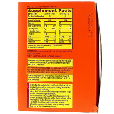 Psyllium Husk, Fiber, Digestion, Supplements: Metamucil, 4 in 1 MultiHealth Fiber, Orange Smooth Singles, 30 Packets, 0.43 oz (12 g) Each
