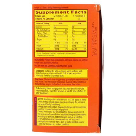 Psyllium Husk, Fiber, Digestion, Supplements: Metamucil, 4 in 1 MultiHealth Fiber Powder, Sugar Free, Orange Smooth Singles, 30 Packets, 0.21 oz (5.8 g) Each