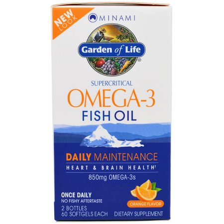 Omega-3 Fiskolja, Omegas Epa Dha, Fiskolja, Kosttillskott: Minami Nutrition, Supercritical, Omega-3 Fish Oil, 850 mg, Orange Flavor, 120 Softgels Each