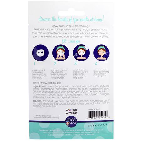 Hydrating Masks, Peels, Face Masks, Beauty: Miss Spa, Hydrate, Pre-Treated Facial Sheet Mask, 1 Mask