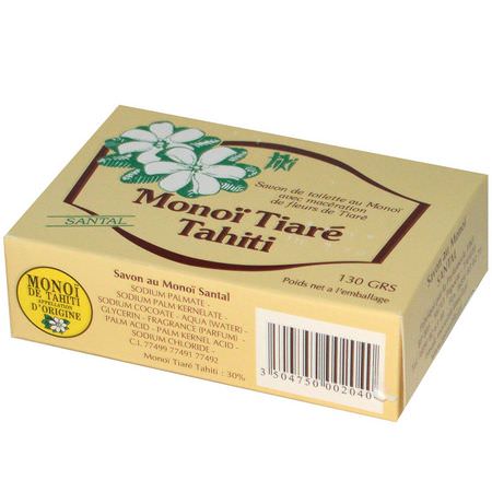 Bar Tvål, Dusch, Bad: Monoi Tiare Tahiti, Coconut Oil Soap, Sandalwood Scented, 4.55 oz (130 g)