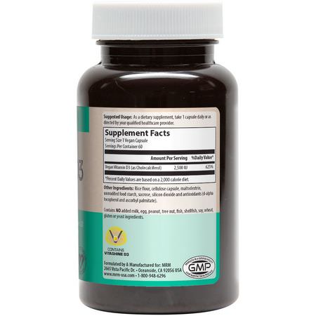 D3 Cholecalciferol, D-Vitamin, Vitaminer, Kosttillskott: MRM, Vegan Vitamin D3, 2,500 IU, 60 Vegan Capsules