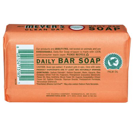 Bar Soap, Shower, Bath: Mrs. Meyers Clean Day, Daily Bar Soap, Geranium Scent, 5.3 oz (150 g)