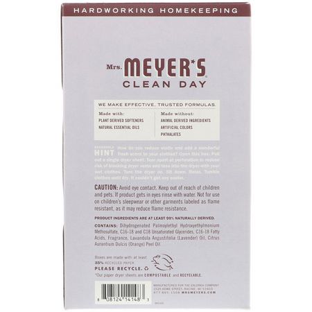 Torkning, Tygmjukgörare, Tvätt, Rengöring: Mrs. Meyers Clean Day, Dryer Sheets, Lavender Scent, 80 Sheets