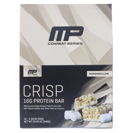 Vassleproteinstänger, Proteinstänger, Brownies, Kakor: MusclePharm, Combat Crisp Protein Bar, Marshmallow, 12 Bars, 1.59 oz (45 g) Each
