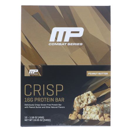 Vassleproteinstänger, Proteinstänger, Brownies, Kakor: MusclePharm, Combat Crisp Protein Bar, Peanut Butter, 12 Bars, 1.59 oz (45 g) Each