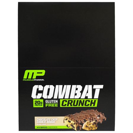 Mjölkproteinbarer, Vassleproteinbarer, Proteinbarer, Brownies: MusclePharm, Combat Crunch, Chocolate Chip Cookie Dough, 12 Bars, 63 g Each