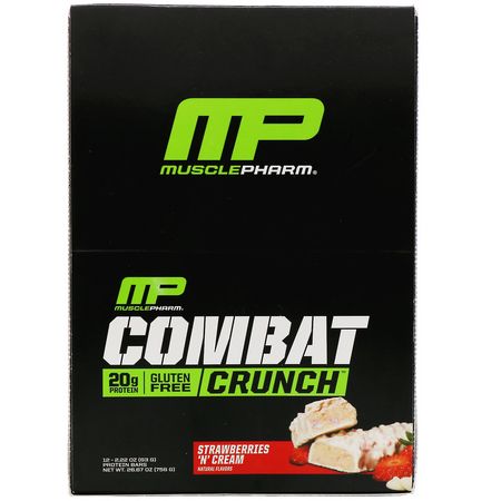 Mjölkproteinbarer, Vassleproteinbarer, Proteinbarer, Brownies: MusclePharm, Combat Crunch, Strawberries 'N' Cream, 12 Bars, 2.22 oz (63 g) Each