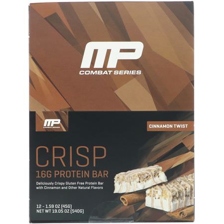 Vassleproteinstänger, Proteinstänger, Brownies, Kakor: MusclePharm, Combat Series, Crisp Protein Bars, Cinnamon Twist, 12 Bars, 1.59 oz (45 g) Each