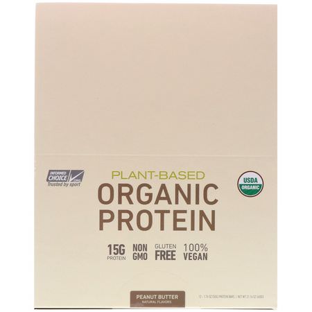 Växtbaserat, Växtbaserat Protein, Växtbaserat Proteinstänger, Proteinbbar: MusclePharm Natural, Plant-Based Organic Protein Bar, Peanut Butter, 12 Bars, 1.76 oz (50 g) Each