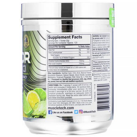 Kreatin Hcl, Kreatin, Muskelbyggare, Idrottsnäring: Muscletech, Creactor, Creatine HCI, Lemon-Lime Twist, 8.40 oz (238 g)