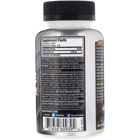 Energi, Kosttillskott, Koffein, Stimulerande: Muscletech, Essential Series, Platinum 100% Caffeine, 220 mg, 125 Tablets