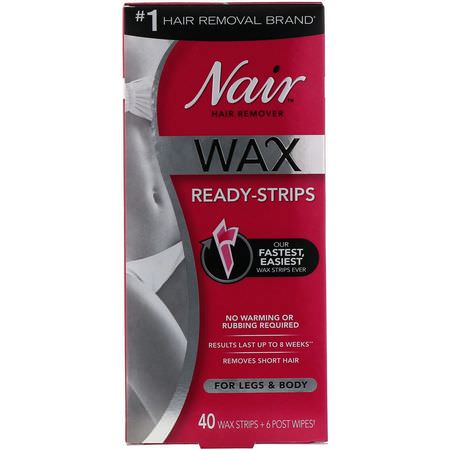 Vax, Hårborttagning, Rakning, Bad: Nair, Hair Remover, Wax Ready-Strips, For Legs & Body, 40 Wax Strips + 6 Post Wipes