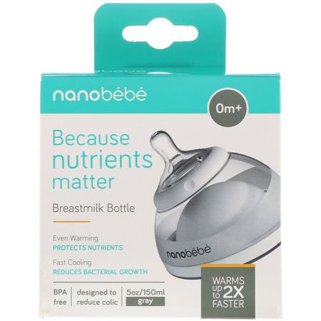 Bröstvårtor, Babyflaskor, Barnmatning, Barn: Nanobebe, Breastmilk Bottle, 0+ Months, Gray, Single Pack, 5 oz (150 ml)