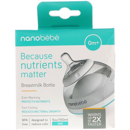 Bröstvårtor, Babyflaskor, Barnmatning, Barn: Nanobebe, Breastmilk Bottle, 0+ Months, Teal, Single Pack, 5 oz (150 ml)