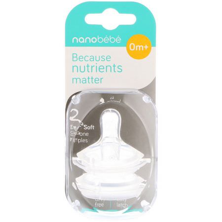 Bröstvårtor, Babyflaskor, Barnmatning, Barn: Nanobebe, Silicone Nipples, 0+ Months, Slow Flow, 2 Pack