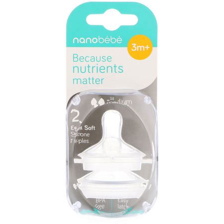 Bröstvårtor, Babyflaskor, Barnmatning, Barn: Nanobebe, Silicone Nipples, 3+ Months, Medium Flow, 2 Pack
