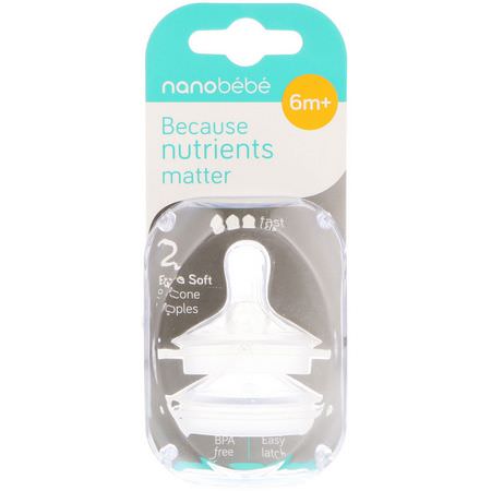 Bröstvårtor, Babyflaskor, Barnmatning, Barn: Nanobebe, Silicone Nipples, 6+ Months, Fast Flow, 2 Pack