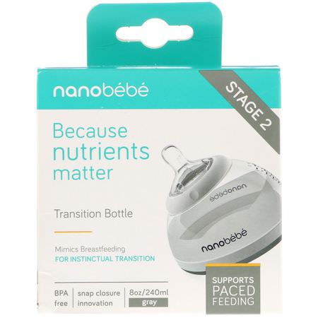 Bröstvårtor, Babyflaskor, Barnfoder, Barn: Nanobebe, Transition Bottle, Stage 2, Gray, Single Pack, 8 oz (240 ml)