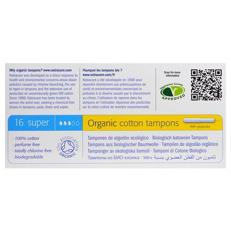 Tamponger, Feminin Hygien, Bad: Natracare, Organic Cotton Tampons, Super, 16 Tampons