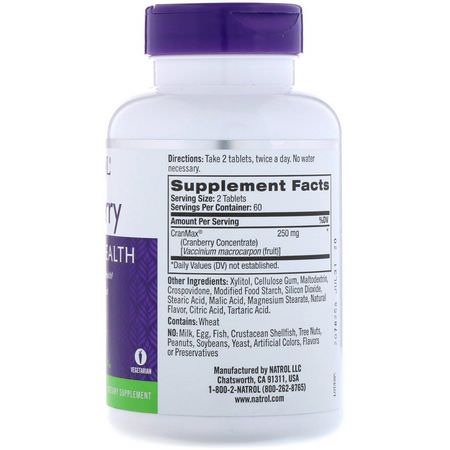 Tranbär, Homeopati, Örter, Kvinnors Hälsa: Natrol, Cranberry, Fast Dissolve, Cranberry Flavor, 250 mg, 120 Tablets