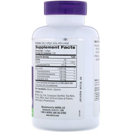 Lecitin, Kosttillskott: Natrol, Lecithin, 1,200 mg, 120 Softgels