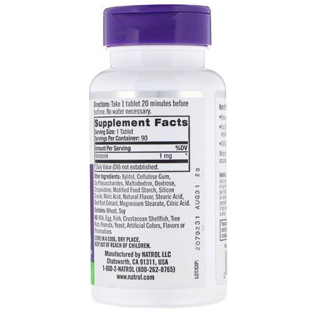 Melatonin, Sömn, Kosttillskott: Natrol, Melatonin, Fast Dissolve, Strawberry, 1 mg, 90 Tablets