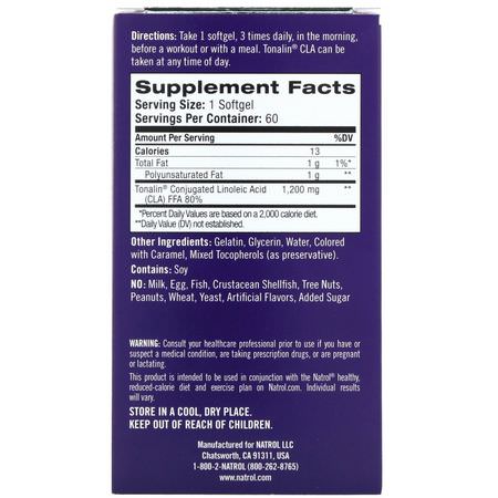Cla Konjugerad Linolsyra, Vikt, Kost, Kosttillskott: Natrol, Tonalin CLA, 1,200 mg, 60 Softgels