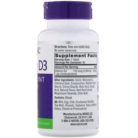 D3 Cholecalciferol, D-Vitamin, Vitaminer, Kosttillskott: Natrol, Vitamin D3, Fast Dissolve, Strawberry Flavor, 5,000 IU, 90 Tablets